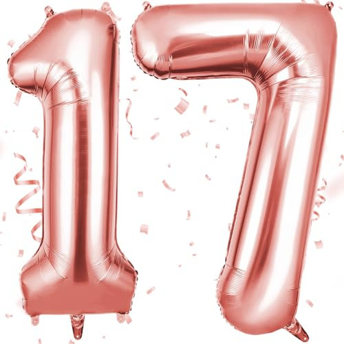 OFFCUP Ballon d'Anniversaire 17 Ans Or Rose, Foil Ballon Numéro Chiffre 101cm, Gonflable Hélium, Deco Anniversaire 17 Ans Grand Ballons pour Fête Party Mariage