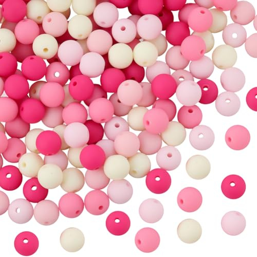 PONABEADIY 1 Box 10MM 200PCS Pink Imitate Silicone Acrylic Beads with Holes Rubberized Style Round Matte Gumball Bubble Resin Chunky Loose Bead for Jewellery Making Bracelet Keychains Decor DIY Crafts