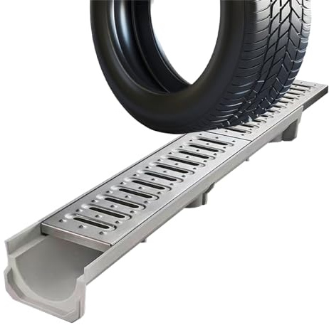 Befahrbares Entwässerungsrinnensystem für Einfahrten, Garagenbodenablauf mit Metallgitter, Grabenentwässerungsset | Rinnenentwässerungsrinne | Abflusssiebe ()