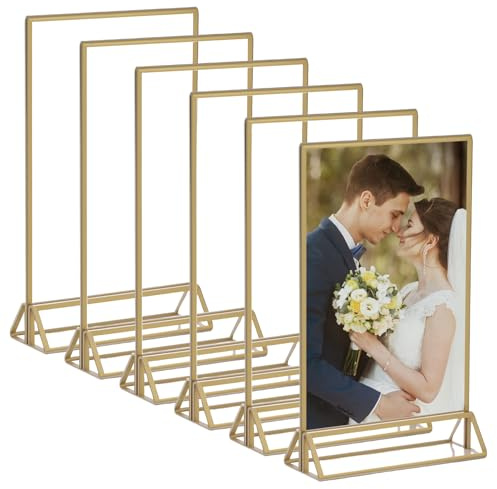 DEECOZY Goldener Doppelseitiger Bilderrahmen, 6 Stück A5 Tischkartenhalter Goldrahmen für Hochzeit, Acryl Gold Tischnummer Halter für Hochzeit Tischnummern, Speisekartenhalter, Foto