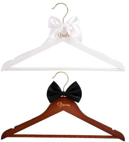 Braut- und Bräutigam-Hochzeits-Kleiderbügel, aus Holz, elegant, mit Schleife und Fliege, Hochzeitskleid-Zubehör für Brautparty und Duschzubehör, 2 Stück