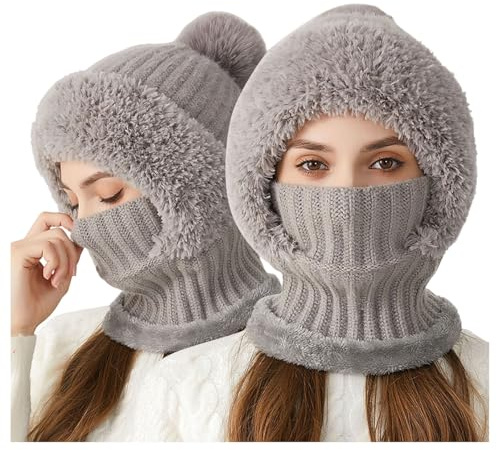 3-In-1 Sturmhauben Mütze Mit Schal Und Maske, Strickmütze für Damen im Herbst und Winter, BalaclavaDamen, Schalmütze Damens, Winddichter Nackenwärmer Für Radfahrer