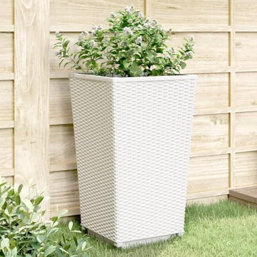 Pflanzkübel 2er Set, Weiß, 32,5x32,5x57 cm, PP Kunststoff, Rattan-Optik, für Garten & Terrasse, Hochbeet für Kletterpflanzen, langlebig & stoßfest