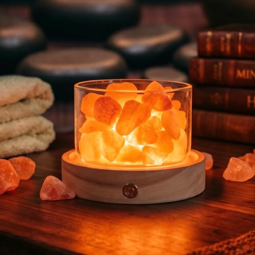 Lámpara de Sal del Himalaya sin cables, con Base de Madera Regulable