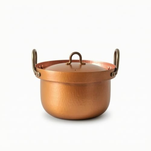 F Fityle Olla de Cobre Grande Olla Cazuela Marmita con Tapa Abombada y Dos Asas Acabado Martillado para Estofados y Platos Adecuado para Mesa del Comedor Cocción en Fogón, Pequeño 1350ML