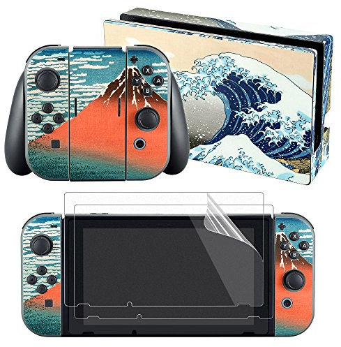 eXtremeRate Aufkleber Sticker Skin Decal Folie Abziehbild Faceplates Kleberfolie mit 2 Displayschutzfolie für Nintendo Switch/NS Konsole&Joy-Con&Dock&Griff(Große Welle)