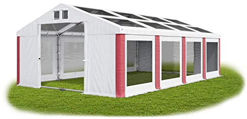 Das Company Transparentes Partyzelt 4x8 m wasserdicht weiß-rot mit Bodenrahmen und Dachverstärkung Dachplane modular 580g/m² PVC hochwertig Gartenzelt Summer Plus MST