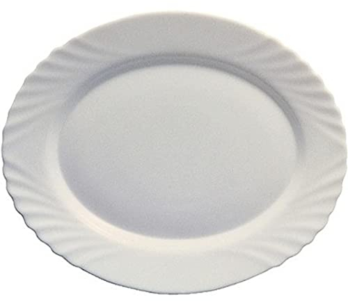 Tradineur - Fuente de color blanco con forma ovalada, de 36 x 5 x 26 cm. Recipiente para servir comidas de aspecto clasico de vidrio. Plato ovalado para comidas o cenas.