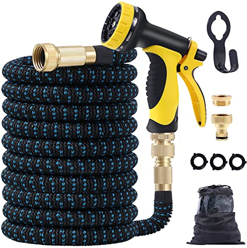 Expandable Garden Hose, 25ft Flexible Water Hose Pipe with 1/2 & 3/4 Solid Brass Fittings, 10 Functions Spray Gun, Triple Latex Core, No-Kink, Leak-Proof