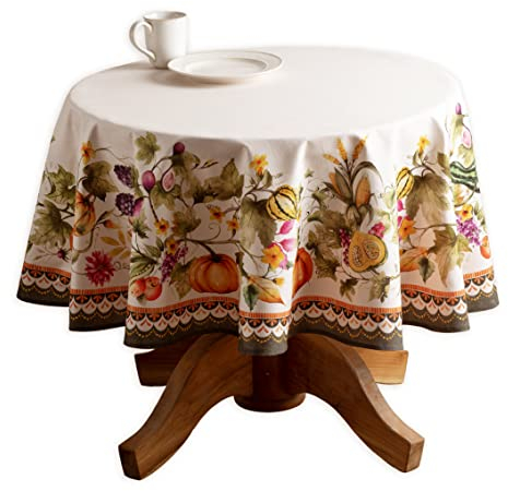 Maison d' Hermine Tischdecke, 100 % Baumwolle, rund, dekorativ, 160 cm Durchmesser, Tischdecke für Esszimmer, Haus und Party, Thanksgiving, Weihnachten, Kürbisgarten, Cloudy Cream Kollektion
