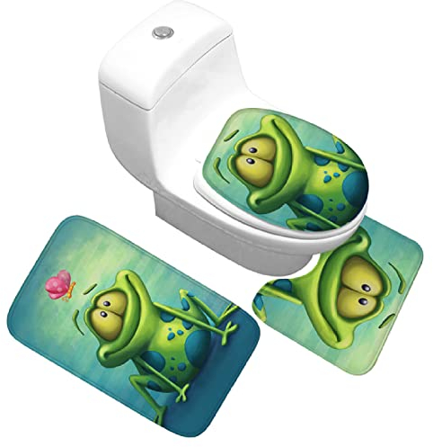 Badezimmerteppich Frosch-Grün-Schmetterling Badematte Badezimmer Set 3 Teilig rutschfest Badteppich 45x75cm Maschinenwaschbar Badvorleger für Wohnzimmer, Schlafzimmer, Toilette
