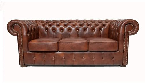 Chesterfield 3-Sitzer Sofa - 100% Leder, Handgefertigt, Original Chesterfield | Breite 200 cm | Cloudy Altbraun