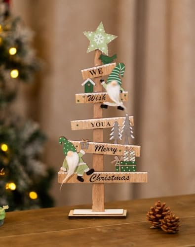 Marco Paul Wooden Christmas Tree Ornaments & Decorations - Gonk Elf Presents Welcome Sign - Free Standing Xmas Table Centrepiece - Large 45cm