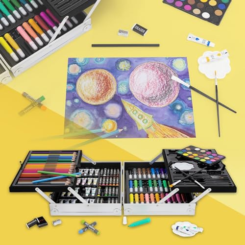 ECD Germany 145-Teiliges Malset mit Alu-Koffer, Zeichen- und Malkoffer für Kinder, Malkasten, Kunst- und Zeichenset, Buntstifte, Aquarellfarben, Pastellkreiden und viel Zubehör, Zeichnen Künstler Set