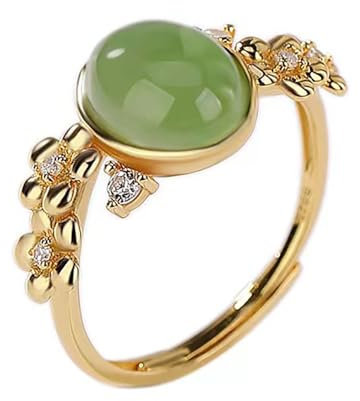 Lllunimon Natürlicher Hetian-Jade-Blumenring, 925 Sterlingsilber Grüne Edelsteine für Frauen, verstellbare Ringe, Schmuckgeschenke für Ehefrau, Freundin, Mama,Gold