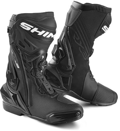 SHIMA VRX-3, Scarpe Moto Uomo - Rinforzate Stivali Moto Uomo in Pelle, Chiusura ATOP, Supporto alla Caviglia, Suola Antiscivolo, Impugnatura del Cambio (Nero, 44)