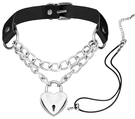 JJDreams Halskette mit Herz Schloss Schlüssel Punk Gothic Rock Leder Halskette Schwarz Einstellbar Kragen Halsband Choker Schwarz Kette für Damen