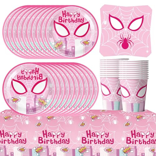 61Pcs Pink Spider Party Tableware Set, Supergirl Heroes Party Decorations, Kids Party Decorations, City Heroes Paper Plates, Cups, Napkins and Tablecloths (20 Guests)