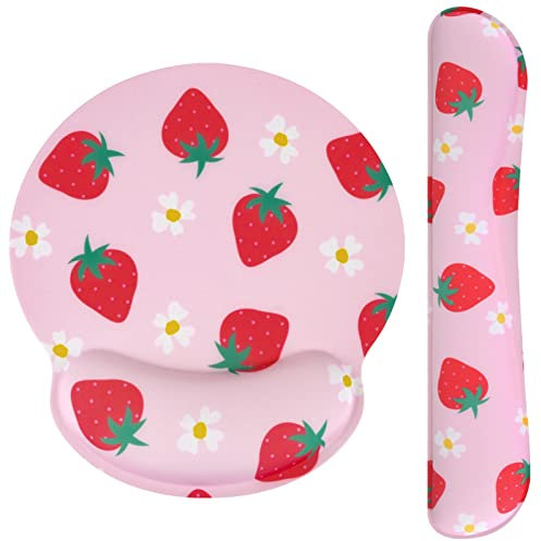 Ksriylm Cute Mouse Pad Wrist Support Keyboard Wrist Rest Set, Ergonomic Mouse Pad with Non-Slip Base for Office Gaming Working Computers,Easy Typing & Pain Relief Mouse Mat,Pink Strawberry