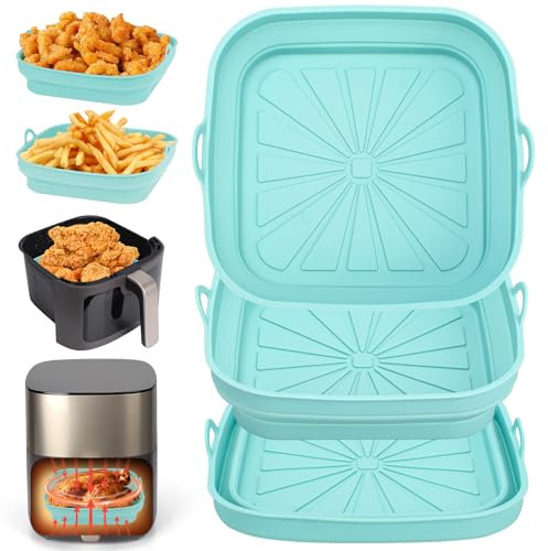 Alyvisun Teglie in Silicone per Friggitrice ad Aria, 3 Pezzi Teglia Cestello per Air Fryer Contenitori Riutilizzabile Quadrato Tappetino Stampi Per Airfryer, Microonde, Forno (Blu)