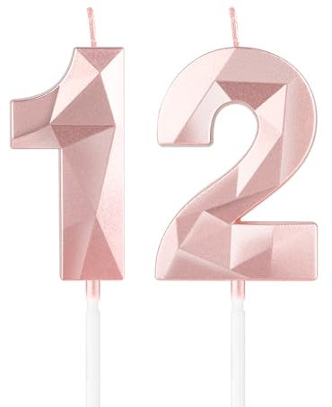 Rose Gold 12th Birthday Candles,3D Number 12 Candle for Cake,Girls 12th Birthday Decorations,Rose Gold 12 Candle Cake Topper for Girls Her Him Birthday Party Wedding Decorations