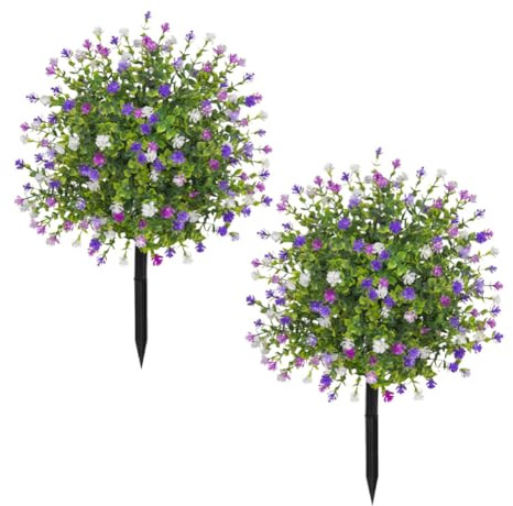 JOYWU Outdoor Artificial Flowers with Ground Spikes,2 Pcs Artificial Boxwood Topiary Ball Tree with Flowers for Cemetery Porch Garden Decor,UV Resistant Plastic Greenery Shrubs Plants,50cm (3 color)
