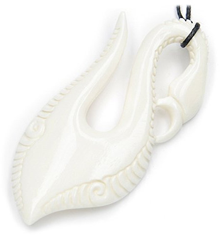 Maori Angelhaken Schmuck aus Knochen, geschnitzt, inkl. schwarzem Textilband, 7cm lang