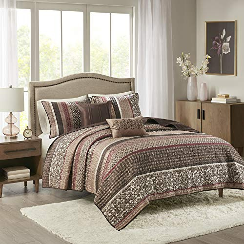 Madison Park Quilt Set Luxurious Jacquard Stripes Design - All Season, Coverlet Bedspread Lightweight Bedding Layer, Shams, Decorative Pillow, King/Cal King(104x94), Floral Red 5 Piece