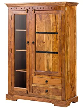 MASSIVMOEBEL24.DE Oxford Vitrine Akazie 110x45x155, Farbe:Hellbraun lackiert, Größe:110x45x155 cm (BxTxH)