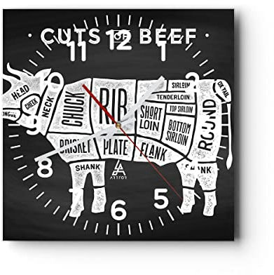 Modern Wanduhr Kuh Rindfleisch Kochen Grafik 30x30cm Quadrat Klein Wand Uhr Glas Analog Zimmeruhren Küche Büro Wohnzimmer Glasuhr Wall Clock Dekoration Design Wanddekoration Küchenuhr C4AC30x30-3156