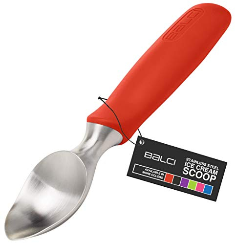 BALCI Ice Cream Scoop - Heavy Duty Stainless Steel Icecream Scooper With Non-Slip Rubber Grip - Professional Metal Ice-Cream Spade - Dishwasher Safe - Red