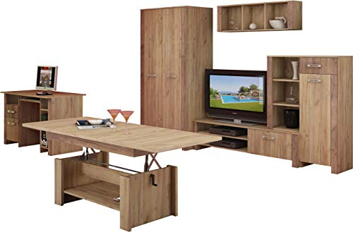 Wohnzimmer Möbel Satz, Jugend Raum Möbel Satz, TV Wohnwand HUGO III TV Bank, Display Einheit, Wandregal, 2T Kleiderschrank, Schreibtisch und Aufklappbarer Kaffetisch. Craft Gold/Craft Tobaco.