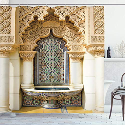 ABAKUHAUS marokkanisch Duschvorhang, Vintage Eastern Art, Stoffliches Gewebe Badezimmerdekorationsset mit Haken, 175 x 180 cm, Elfenbein Hellbraun Blau