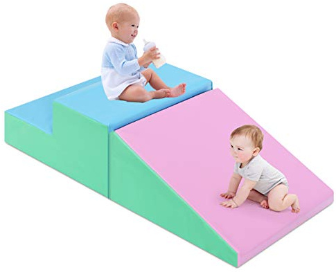 COSTWAY Toddler Climb and Crawl Foam Play Set, Children's Stairs and Ramp Software Activity Toys, Baby Soft Play Equipment for Climbing, Sliding, Crawling (Pink+Green)