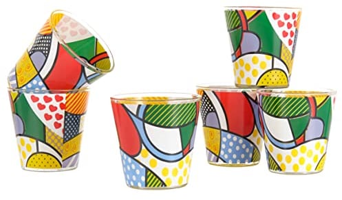 Baroni Home Set 6 verres à Eau avec Décoration Imprimée Colorée, Verres Colorés MADE IN ITALY, Verres Lavables au Lave-Vaisselle, 25 CL, Fantaisie Pop