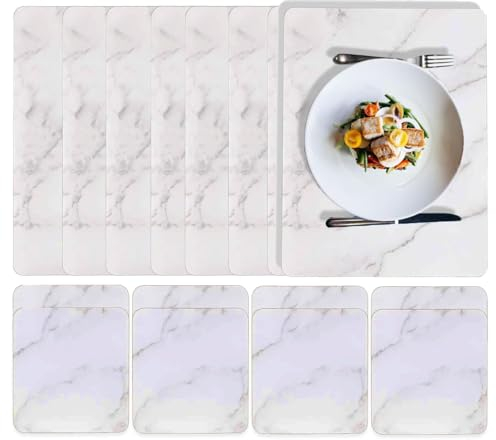 GBS set of 8 Marble Effect Coaster And Placemat -Table Mats For Kitchen Dining Table - Set Of 4 Cork Backed Placemats and Coasters Set - Stain Resistant Laminate Finish Christmas Home Decor Gift