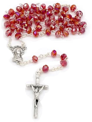 Holy Family Rosario efecto cristal rojo con crucero con la imagen de la Virgen y la Cruz/Cuentas de 6 mm/Collar Rosario religioso/Producto italiano, Unisex, Cristal, No aplicable