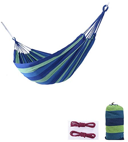 Outdoor-Hängematte aus gewebter Baumwolle, für 2 Personen, tragbar, leicht, mit Tragetasche, ideal für Terrasse, Balkon, Terrasse, Garten, Camping (L (250 x 100 cm), Blau)