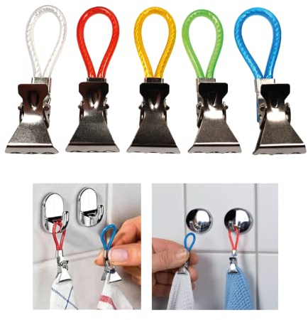 Clip per Strofinacci Cucina 5 PZ, Clip per Strofinaccio Cucina, Gancio Asciugamano Bagno, Appendino Portasalviette, Gancio Chiusura Clip con Occhiello