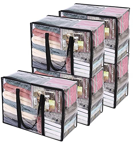 Vieshful 5 Stück Transparente Plastik Aufbewahrungstasche, 40L Organizer Aufbewahrungsbox Kleideraufbewahrung Umzugskartons für Bettdecken, Kleidung, Bettwäsche, Weihnachtskränzen und Steppdecken