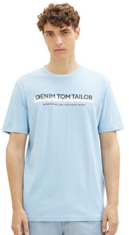 TOM TAILOR Denim Herren Slim Fit T-Shirt mit Logo-Print aus Baumwolle, washed out middle blue, S