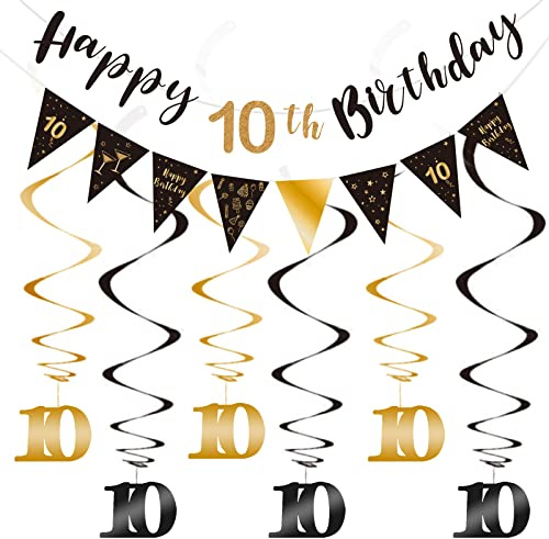 SZHUIHER Dekorationsset zum 10. Geburtstag – Happy Birthday Banner, Wimpelkette, Luftschlangen & Dreiecksflaggen in Schwarz & Gold