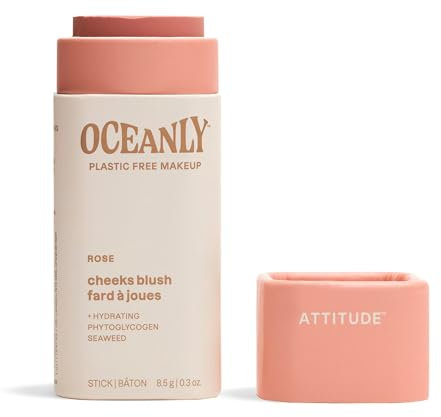 ATTITUDE Oceanly Plastic-Free Lightweight Blush Stick, Titanium Dioxide-Free, EWG Verified, Vegan Makeup, Rose, 8.5 grams