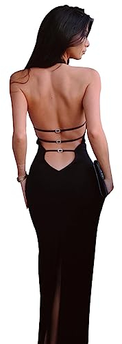 KOEMCY Women's Backless Dresses Halter Neck Sexy Sleeveless Long Dress Sexy Fish Tail Dress Bodycon Maxi Dress Club Party Prom Evening Dresses (Black, S)