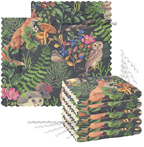 Küchen-Geschirrtücher, 6 Stück, Reinigungstücher zum Trocknen von Geschirr, Schrubben, Waschlappen für Spüle, Kochen, Backtisch, 27,9 x 27,9 cm, Herbst, Aquarell, Wald, Fuchs, Pilz