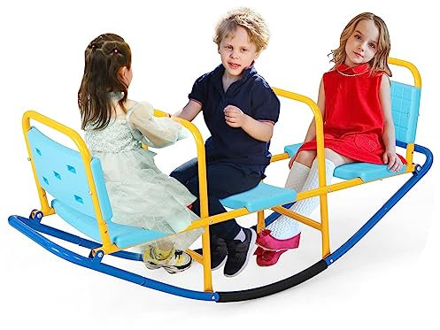 RELAX4LIFE Altalena a Dondolo in Metallo per Bambini 3-8 Anni, Dondolo con 3 Posti a Sedere, Dondolo con Maniglie e Schienale, per Interni ed Esterni, (Modello 1,Blu)