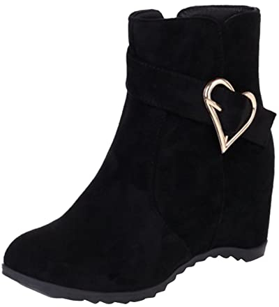 Stivali con Cerniera Laterale con Zeppa Interna con Fibbia per Cintura in Pelle Scamosciata Tinta Unita alla da Donna Tronchetto Tacco (Black, 37)