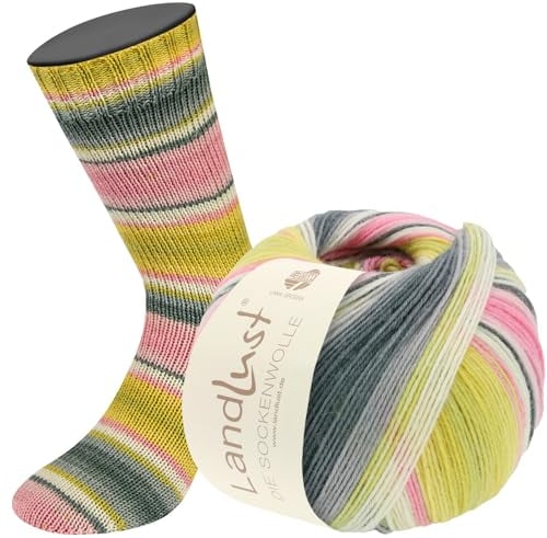 LANA GROSSA Landlust Sockenwolle 6-fach | Sockenklassiker, bedruckt und waschmaschinenfest | Handstrickgarn aus 80% Schurwolle (Merino) & 20% Polyamid | 150g Wolle zum Stricken & Häkeln | 390m Garn
