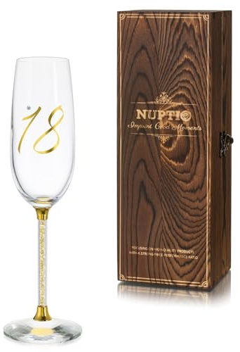 NUPTIO Champagne Flutes 18th Glasses: Birthday Prosecco Gold Crystal Engraved Flute Glass with Wooden Box Personalised Gift Idea Present for Boy Girl Woman Friend 7.04oz