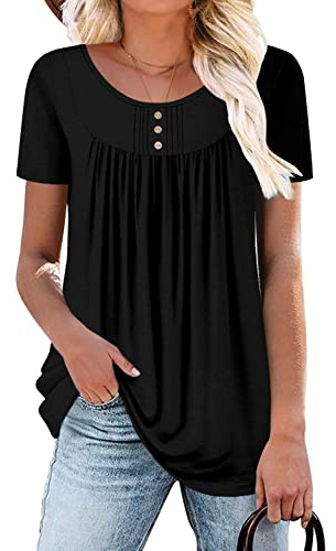 CHICZONE Women's T-Shirts Round Neck Henley Button up Tunic Tops Casual Short Sleeve Blouse D Black